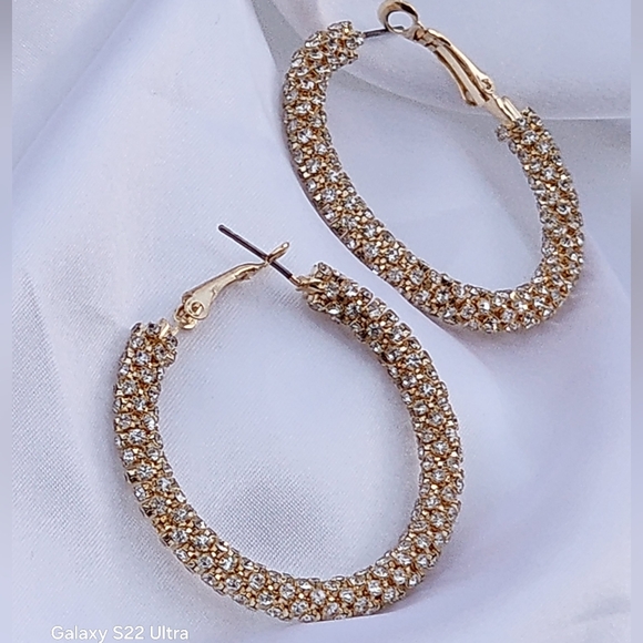 Jewelry - Whats Hot Jewelry Women's Gold Baggette Rhinestone Wrapped 2" Hoop Earrings
